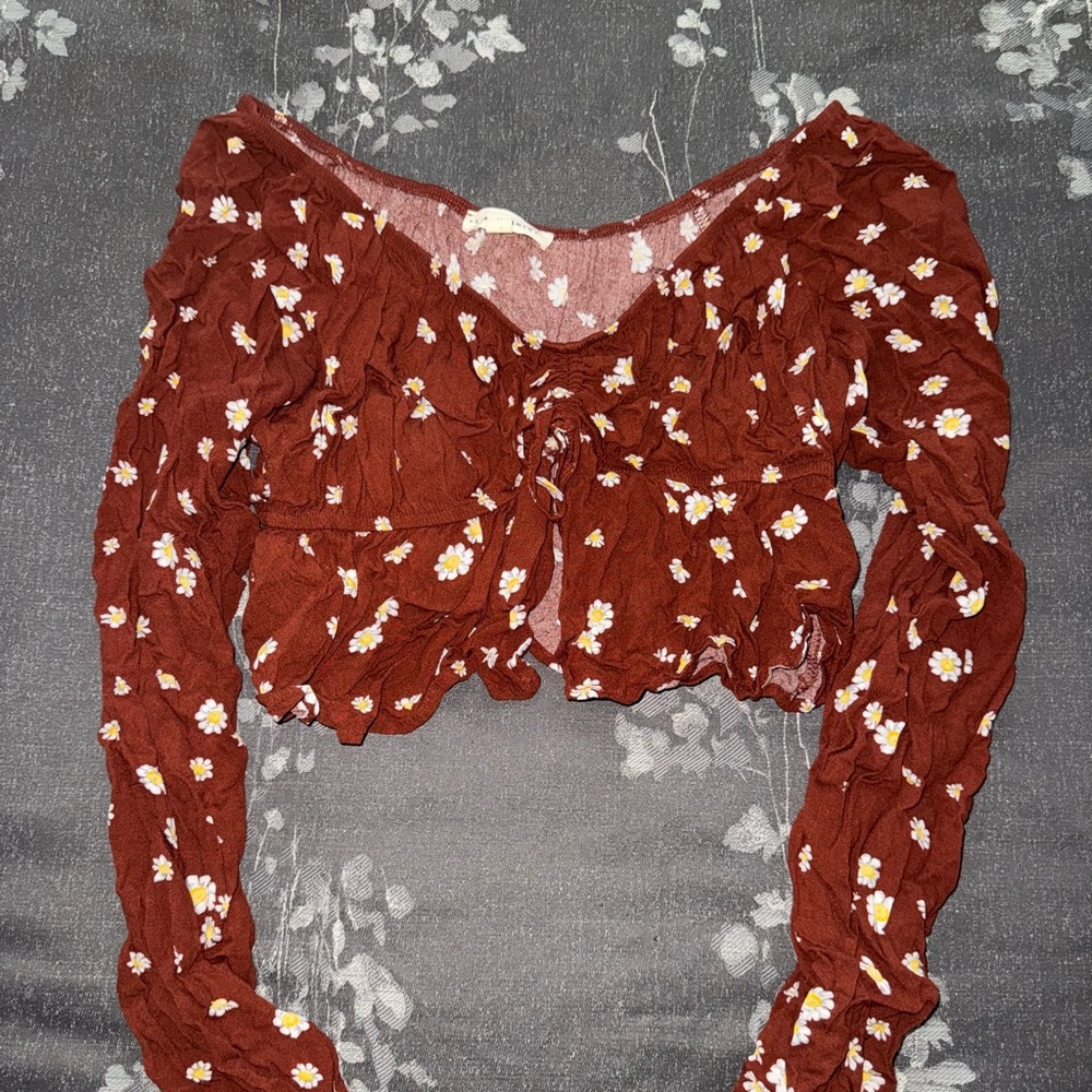 PacSun La Hearts Red Ruched Tie Front Long Sleeve Top Size Small